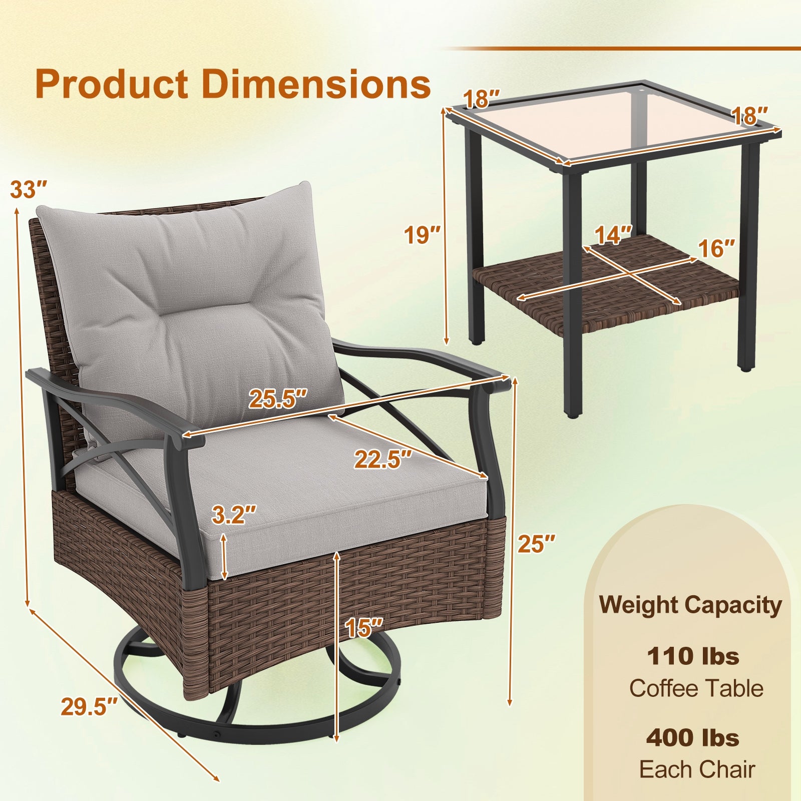 3 Pieces Outdoor Swivel Rocking Chairs Set with 2-Tier Tempered Glass Side Table, Brown Patio Conversation Sets   at Gallery Canada