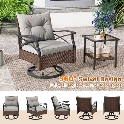 3 Pieces Outdoor Swivel Rocking Chairs Set with 2-Tier Tempered Glass Side Table, Brown Patio Conversation Sets   at Gallery Canada