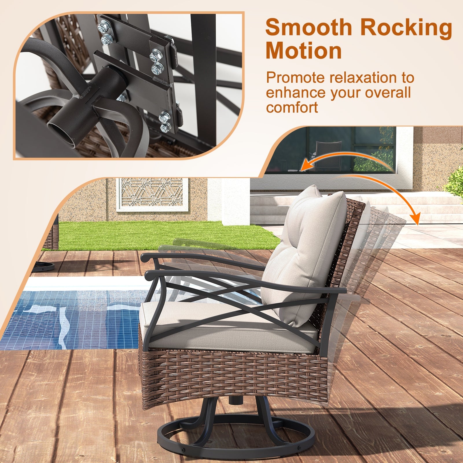 3 Pieces Outdoor Swivel Rocking Chairs Set with 2-Tier Tempered Glass Side Table, Brown Patio Conversation Sets   at Gallery Canada