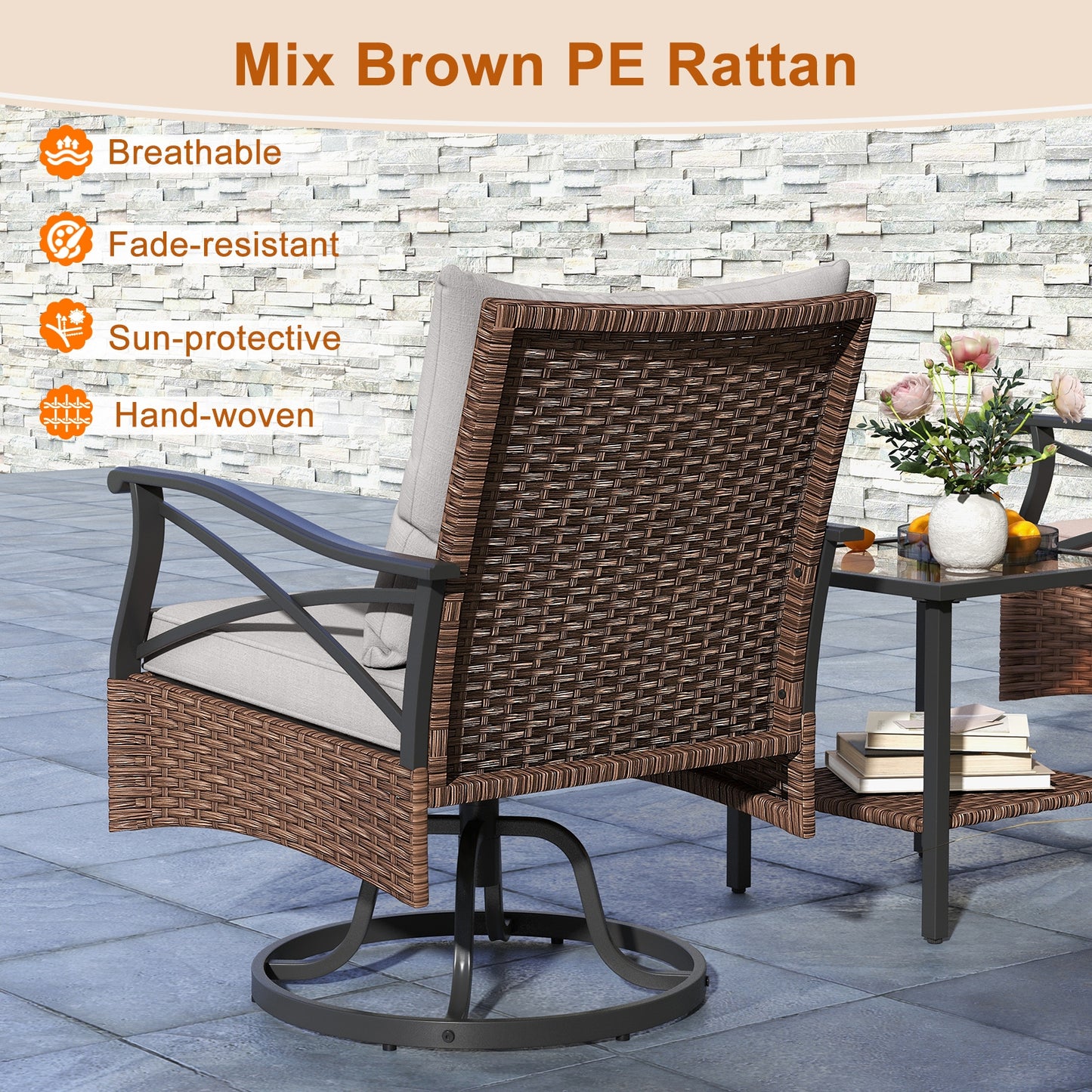 3 Pieces Outdoor Swivel Rocking Chairs Set with 2-Tier Tempered Glass Side Table, Brown Patio Conversation Sets   at Gallery Canada