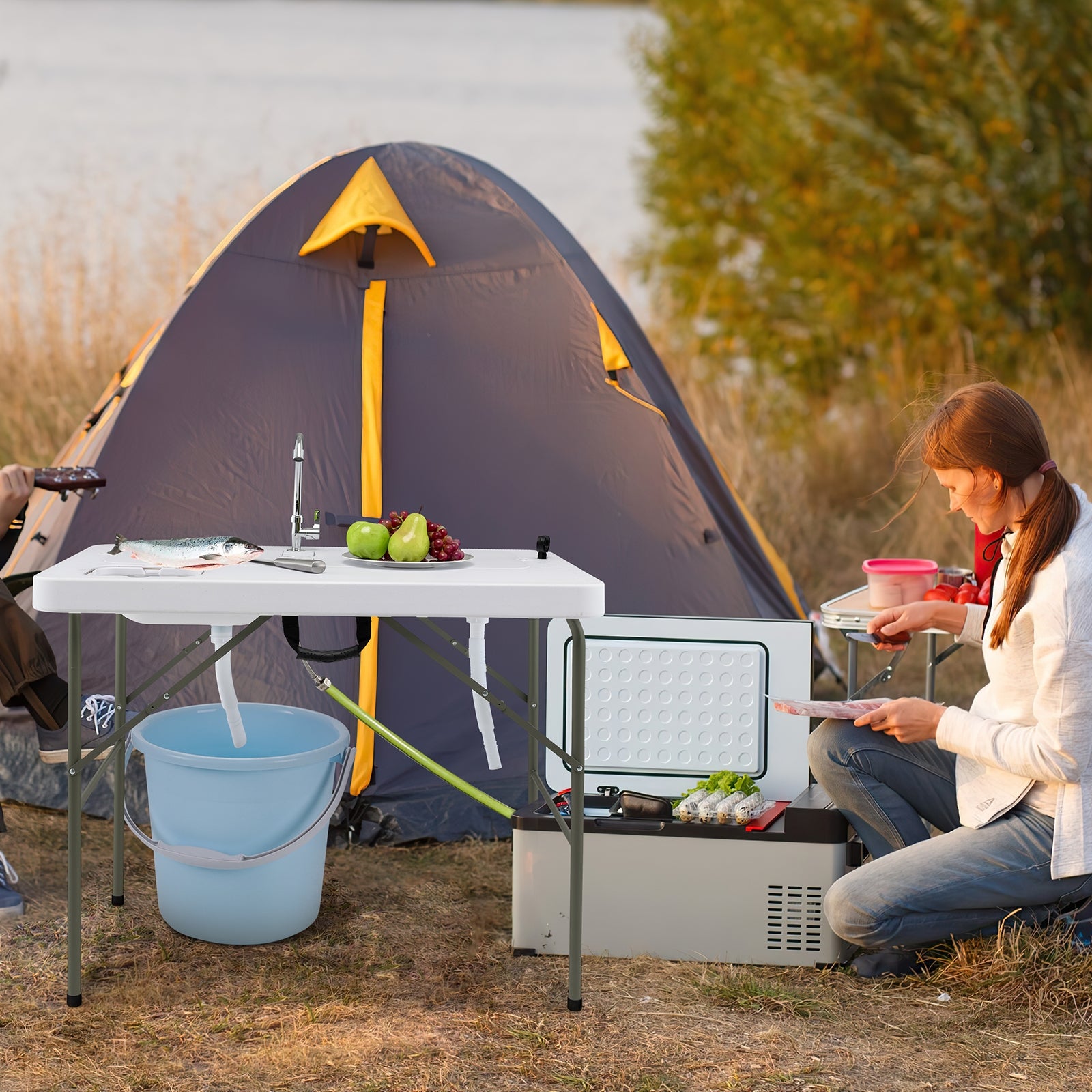 Fish Cleaning Table with 2 Sinks and 360° Rotatable Fauce, White Picnic Tables   at Gallery Canada