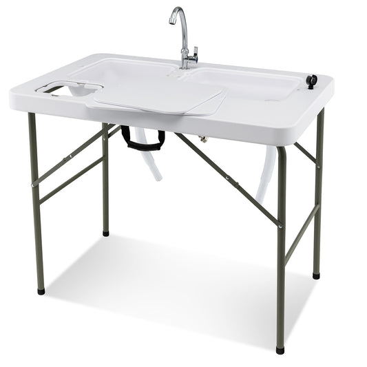 Fish Cleaning Table with 2 Sinks and 360° Rotatable Fauce, White - Gallery Canada