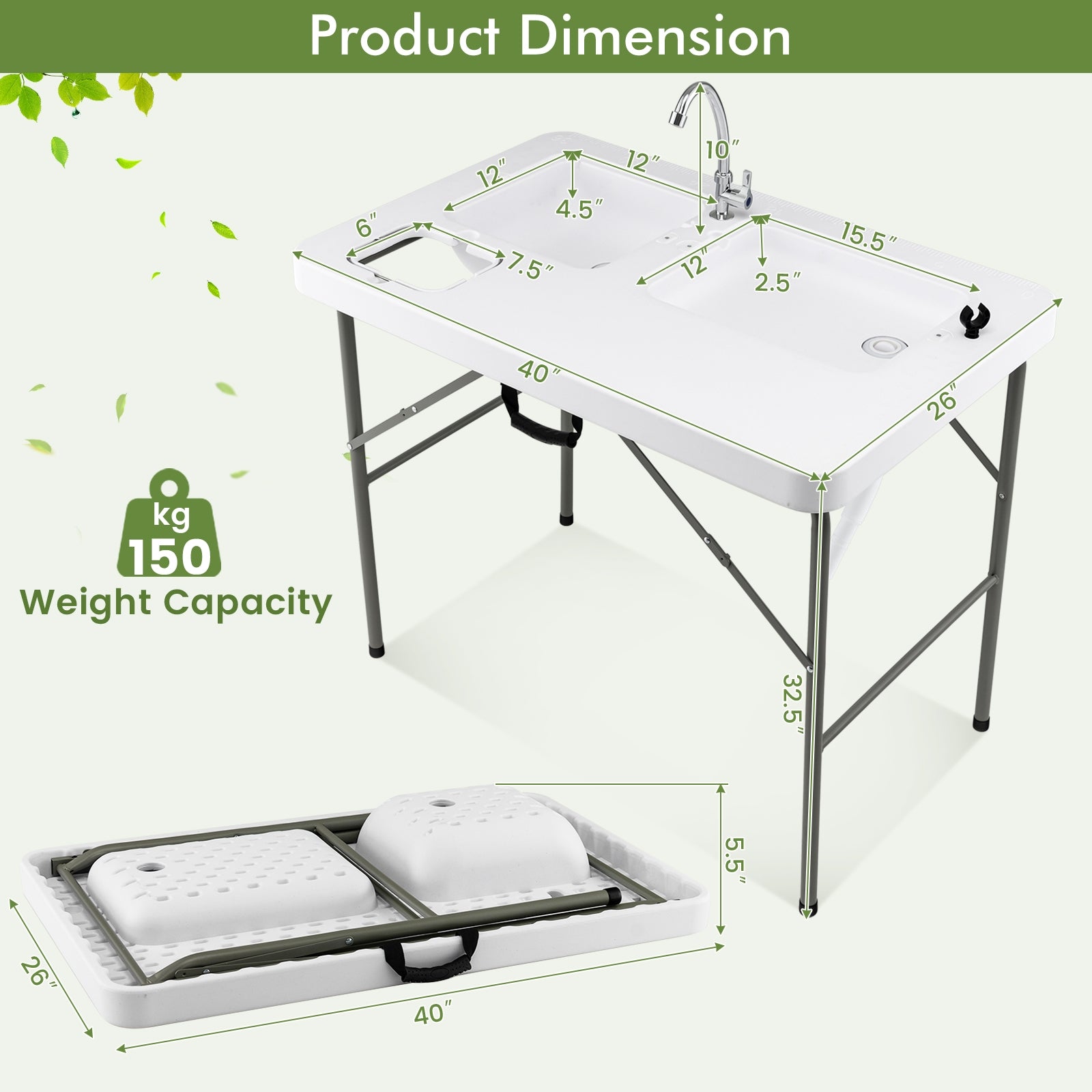 Fish Cleaning Table with 2 Sinks and 360° Rotatable Fauce, White Picnic Tables   at Gallery Canada