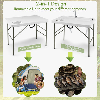 Fish Cleaning Table with 2 Sinks and 360° Rotatable Fauce, White Picnic Tables   at Gallery Canada