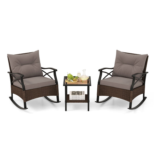 3 Pieces Outdoor Rattan Rocking Chairs Set with  2-Tier Side Table for Garden Backyard, Brown - Gallery Canada