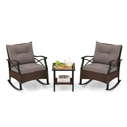 3 Pieces Outdoor Rattan Rocking Chairs Set with  2-Tier Side Table for Garden Backyard, Brown Patio Conversation Sets Brown  at Gallery Canada