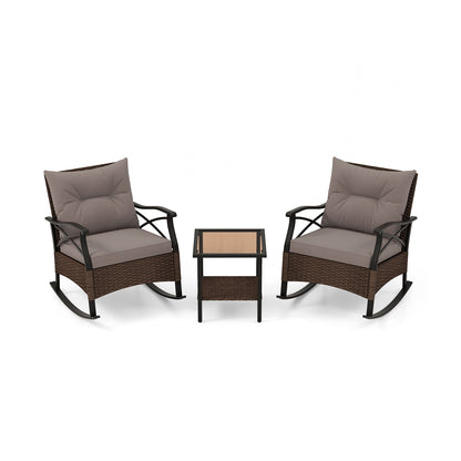 3 Pieces Outdoor Rattan Rocking Chairs Set with  2-Tier Side Table for Garden Backyard, Brown Patio Conversation Sets   at Gallery Canada