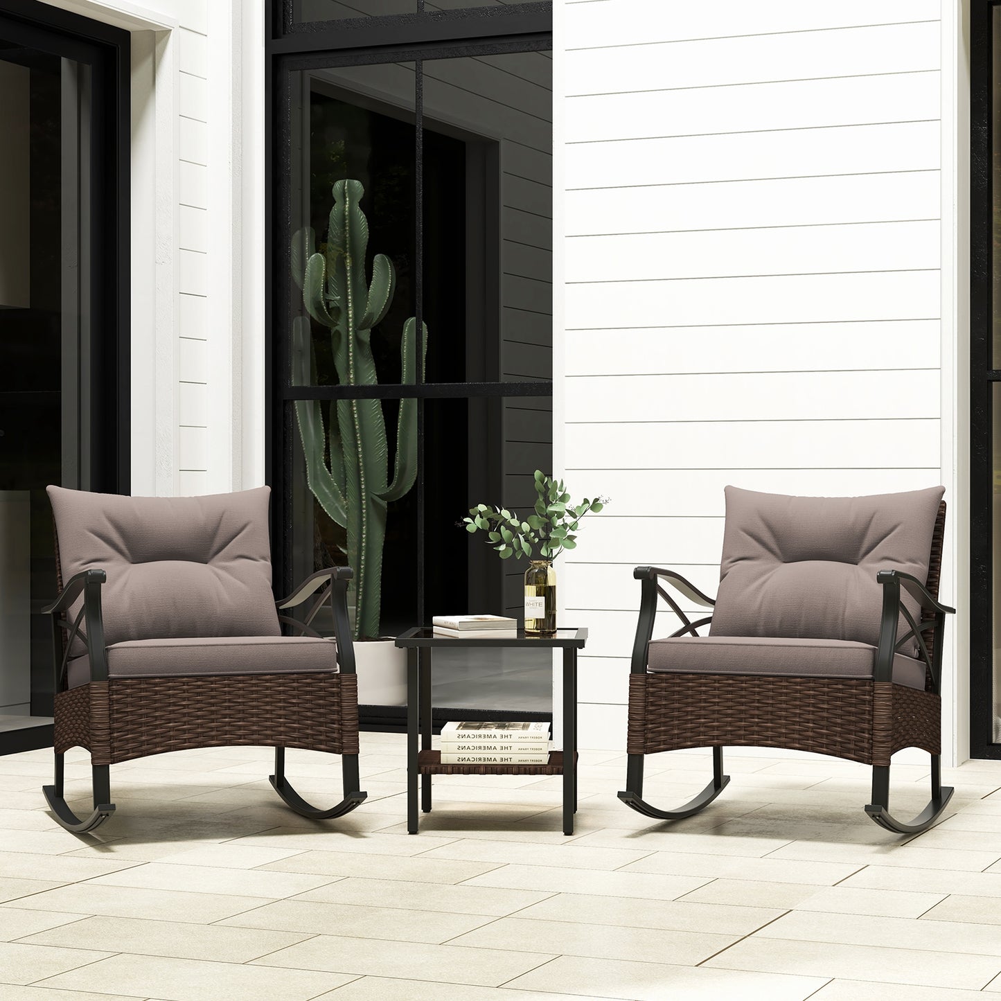 3 Pieces Outdoor Rattan Rocking Chairs Set with  2-Tier Side Table for Garden Backyard, Brown Patio Conversation Sets   at Gallery Canada