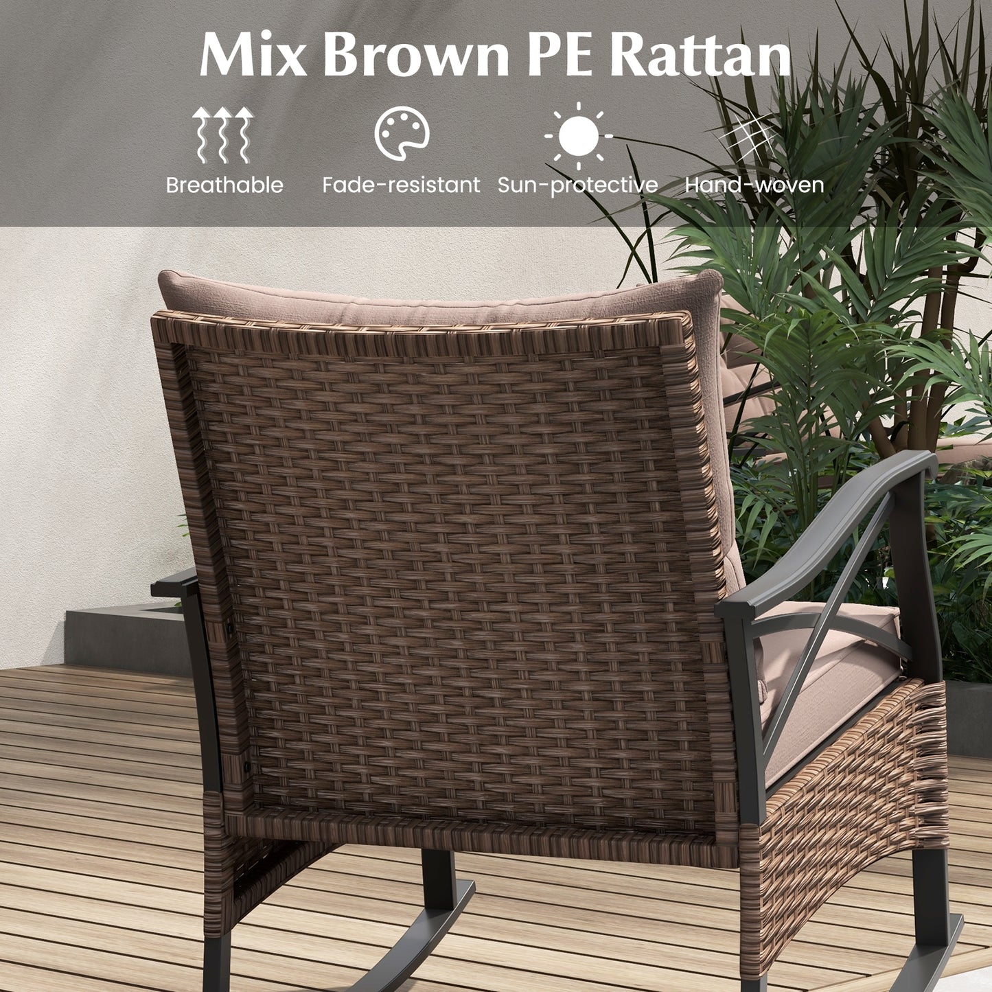 3 Pieces Outdoor Rattan Rocking Chairs Set with  2-Tier Side Table for Garden Backyard, Brown Patio Conversation Sets   at Gallery Canada