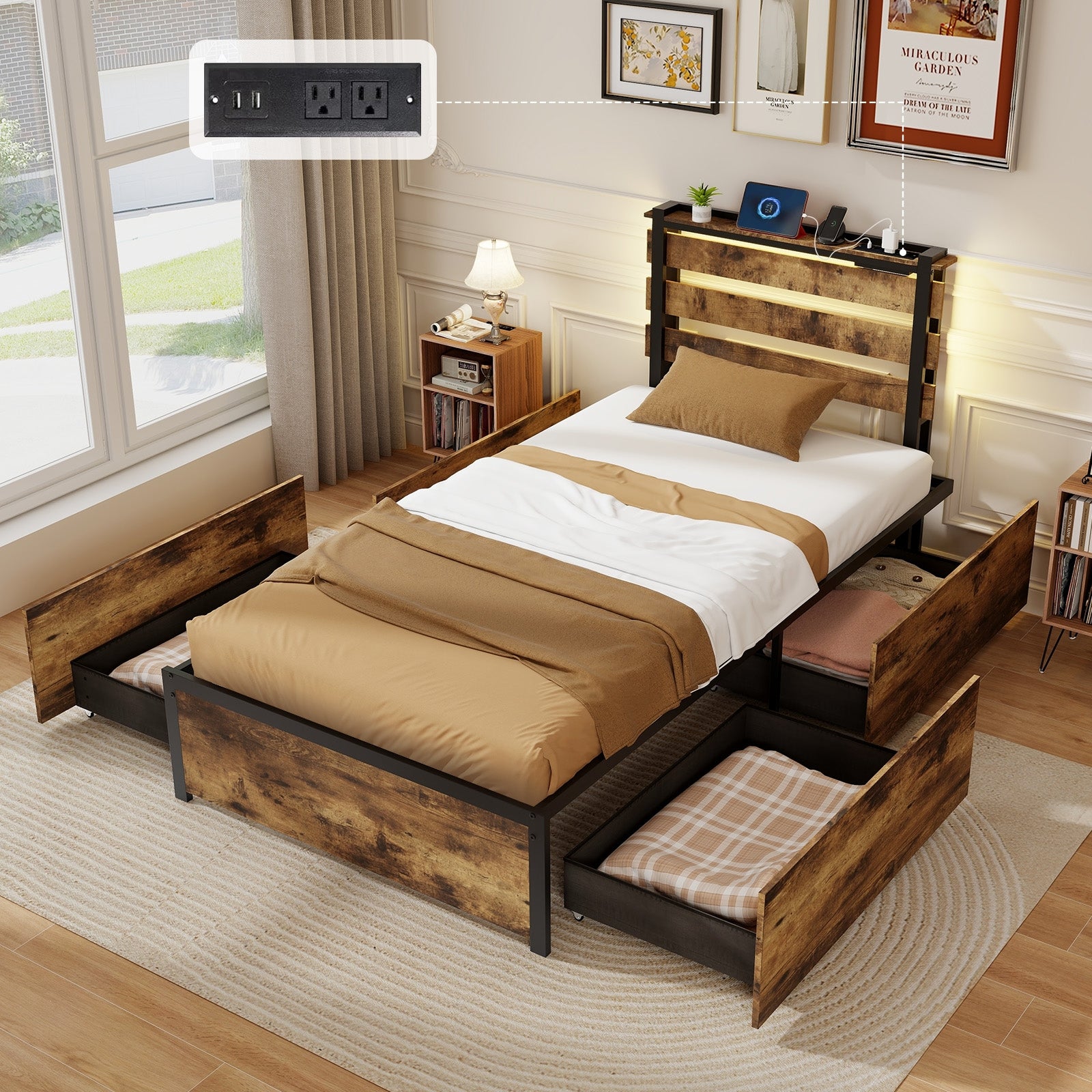 Full/Queen/Twin Size Bed Frame with Drawers LED Lights and USB Ports-Twin Size, Rustic Brown Simple Bed Frame   at Gallery Canada