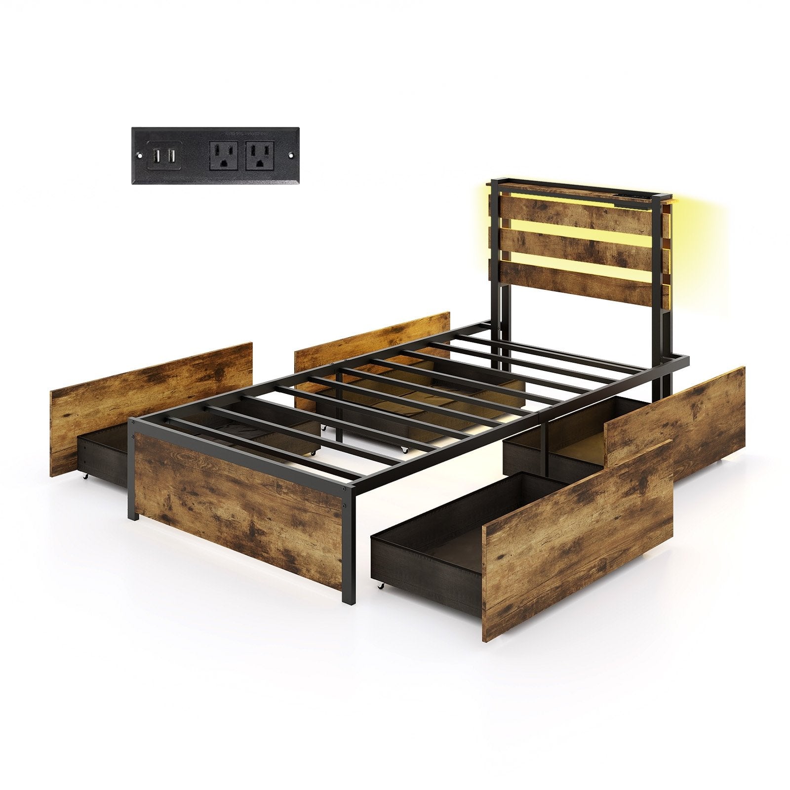 Full/Queen/Twin Size Bed Frame with Drawers LED Lights and USB Ports-Twin Size, Rustic Brown Simple Bed Frame Rustic Brown  at Gallery Canada