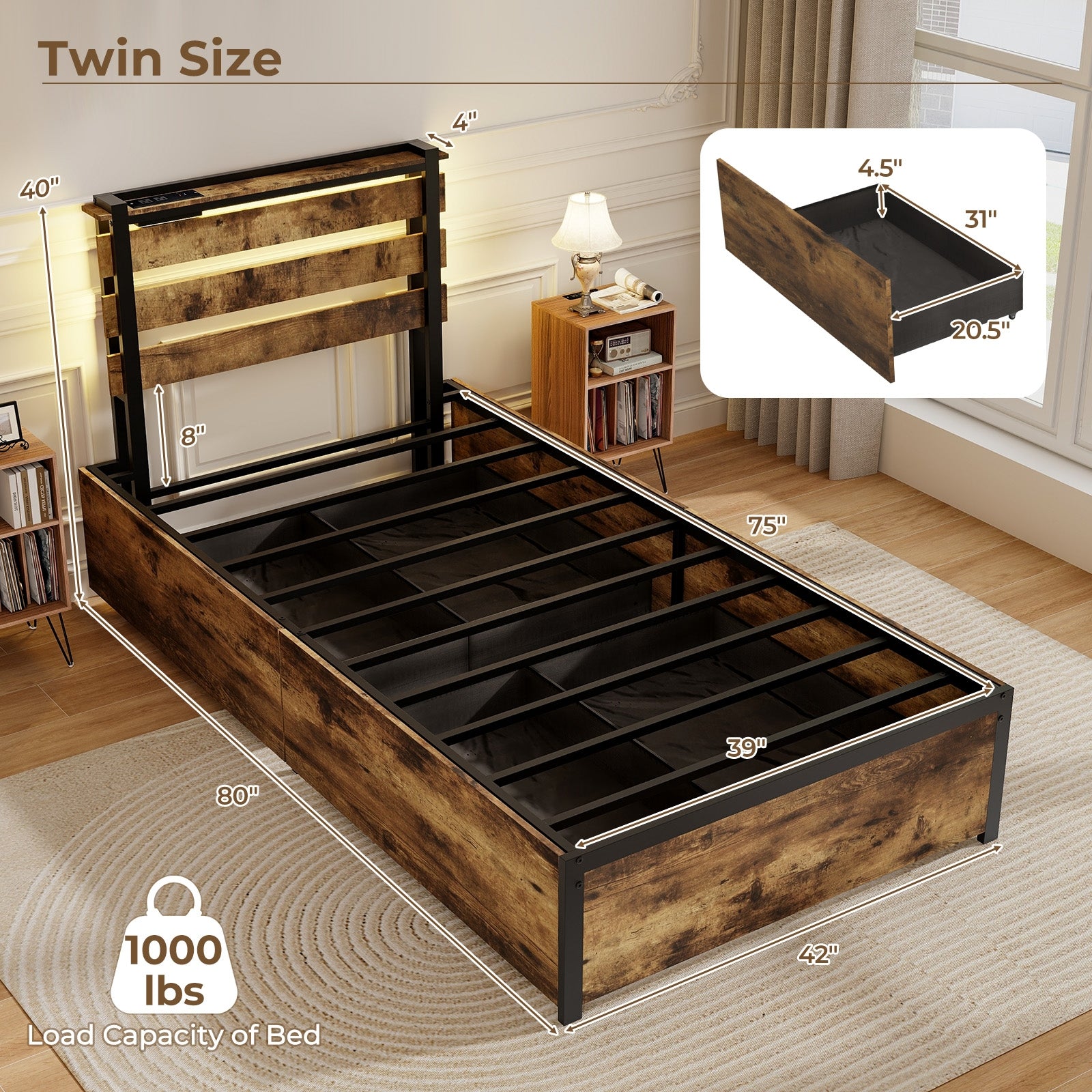 Full/Queen/Twin Size Bed Frame with Drawers LED Lights and USB Ports-Twin Size, Rustic Brown Simple Bed Frame   at Gallery Canada