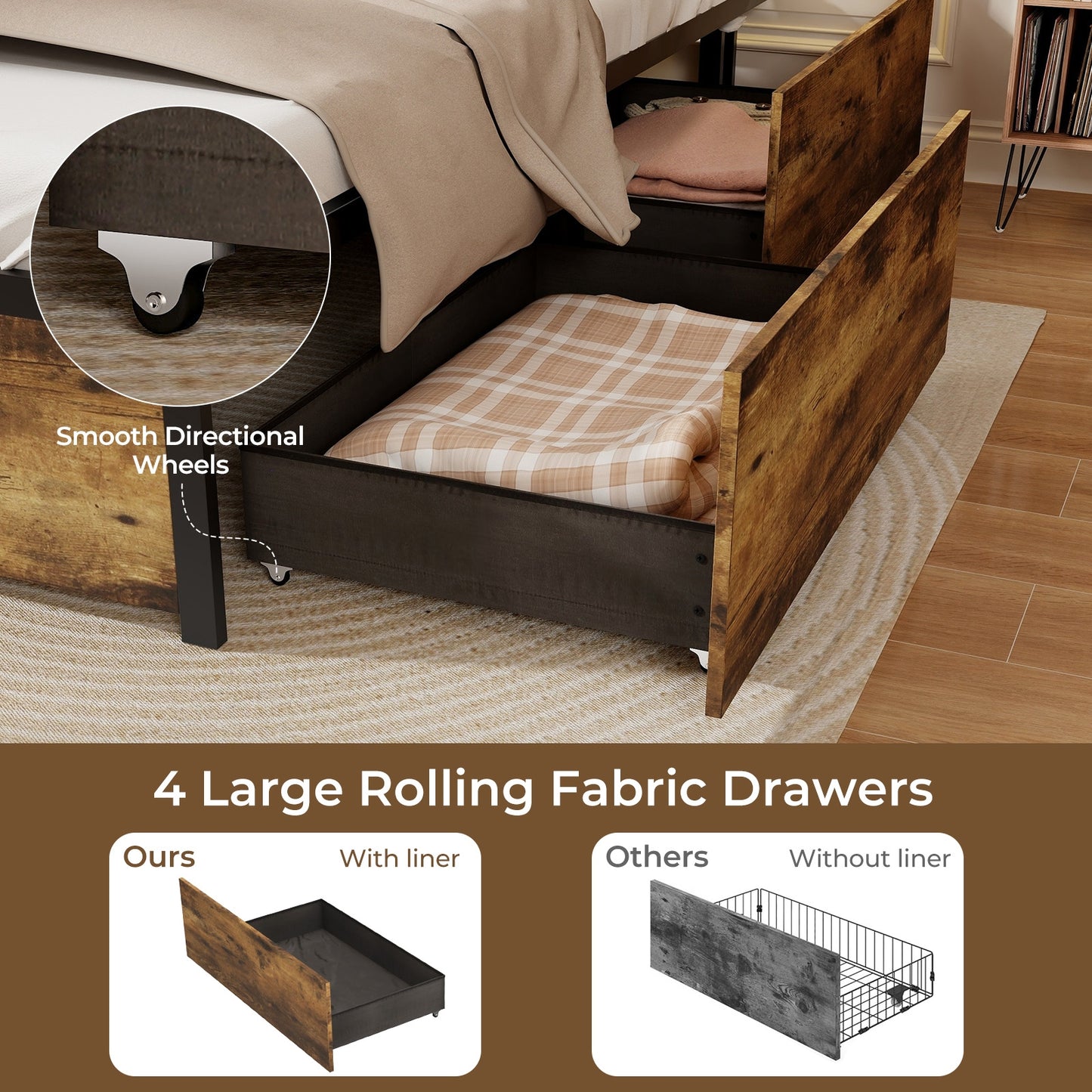 Full/Queen/Twin Size Bed Frame with Drawers LED Lights and USB Ports-Twin Size, Rustic Brown Simple Bed Frame   at Gallery Canada