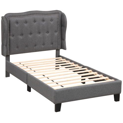 Twin Size Bed Frame with Button Tufted Wingback Headboard and Storage Space, Gray