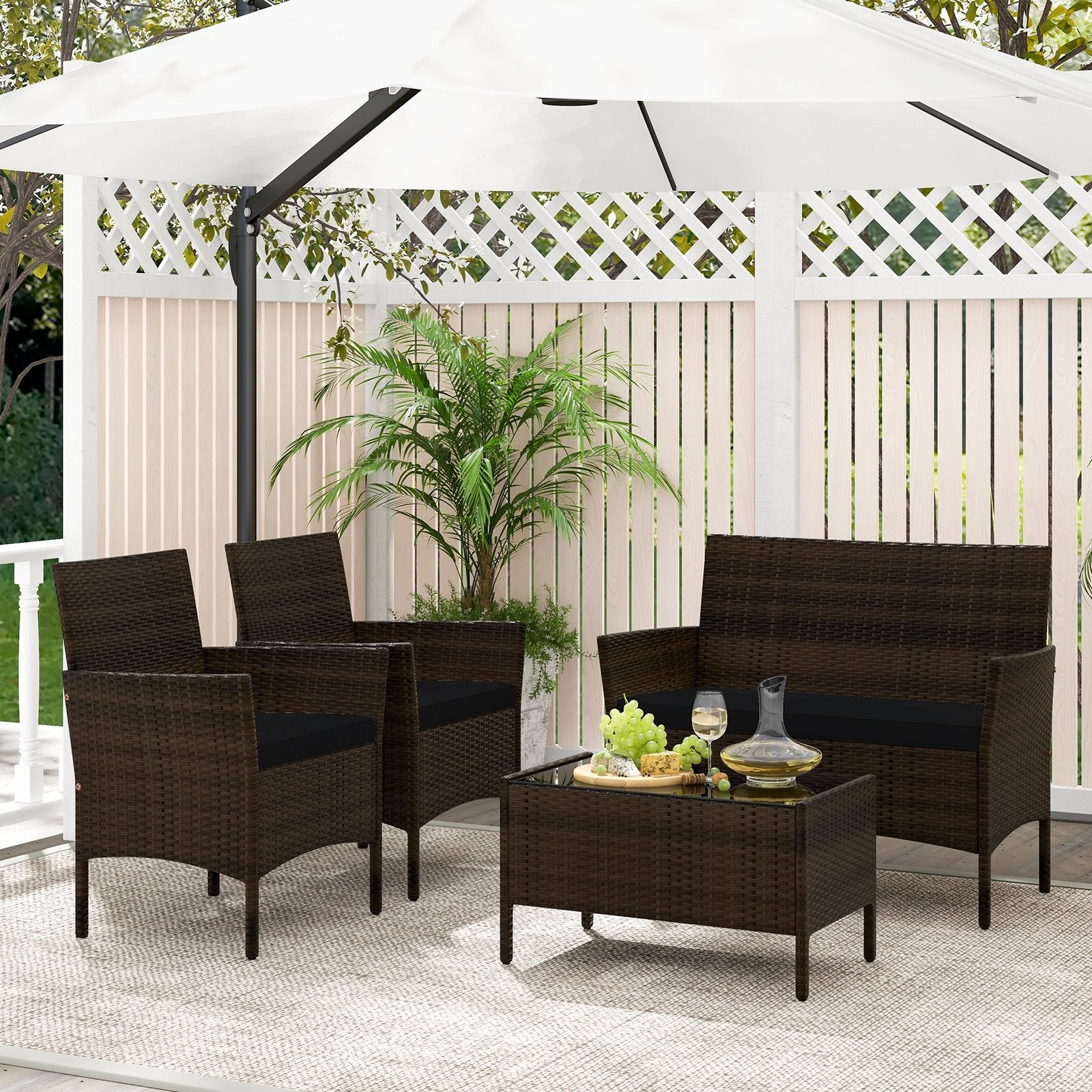 4 Piece Patio Rattan Conversation Set with Cozy Seat Cushions, Black Patio Conversation Sets   at Gallery Canada