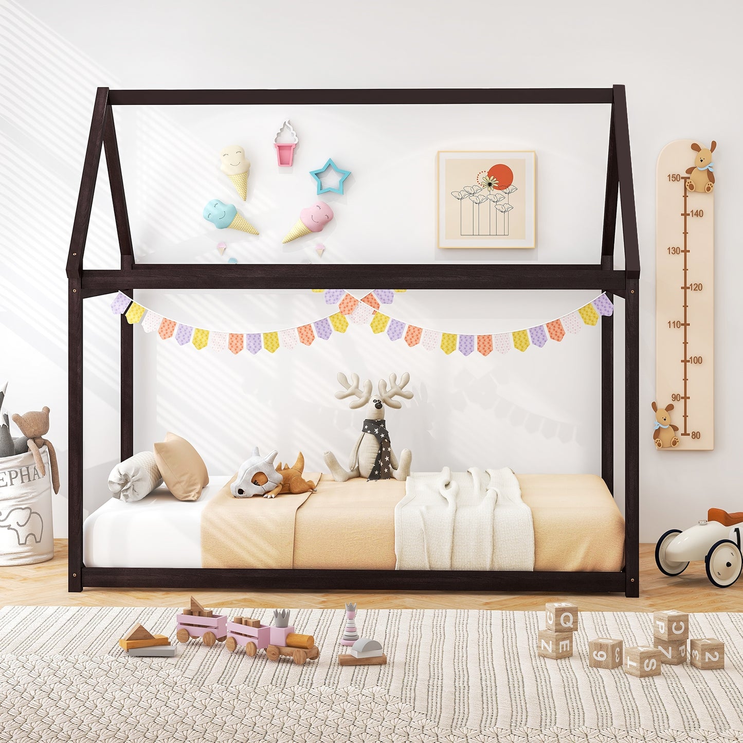 Stable Kids Platform Floor Bed with Roof and Heavy-Duty Slats, Espresso Simple Bed Frame   at Gallery Canada