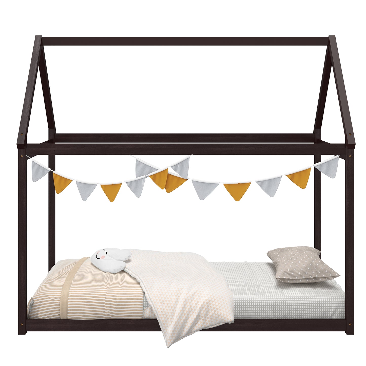 Stable Kids Platform Floor Bed with Roof and Heavy-Duty Slats, Espresso Simple Bed Frame   at Gallery Canada