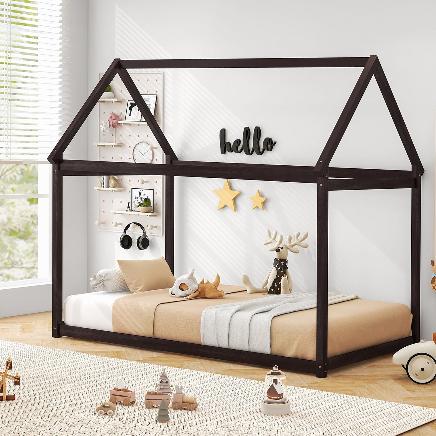 Stable Kids Platform Floor Bed with Roof and Heavy-Duty Slats, Espresso Simple Bed Frame   at Gallery Canada