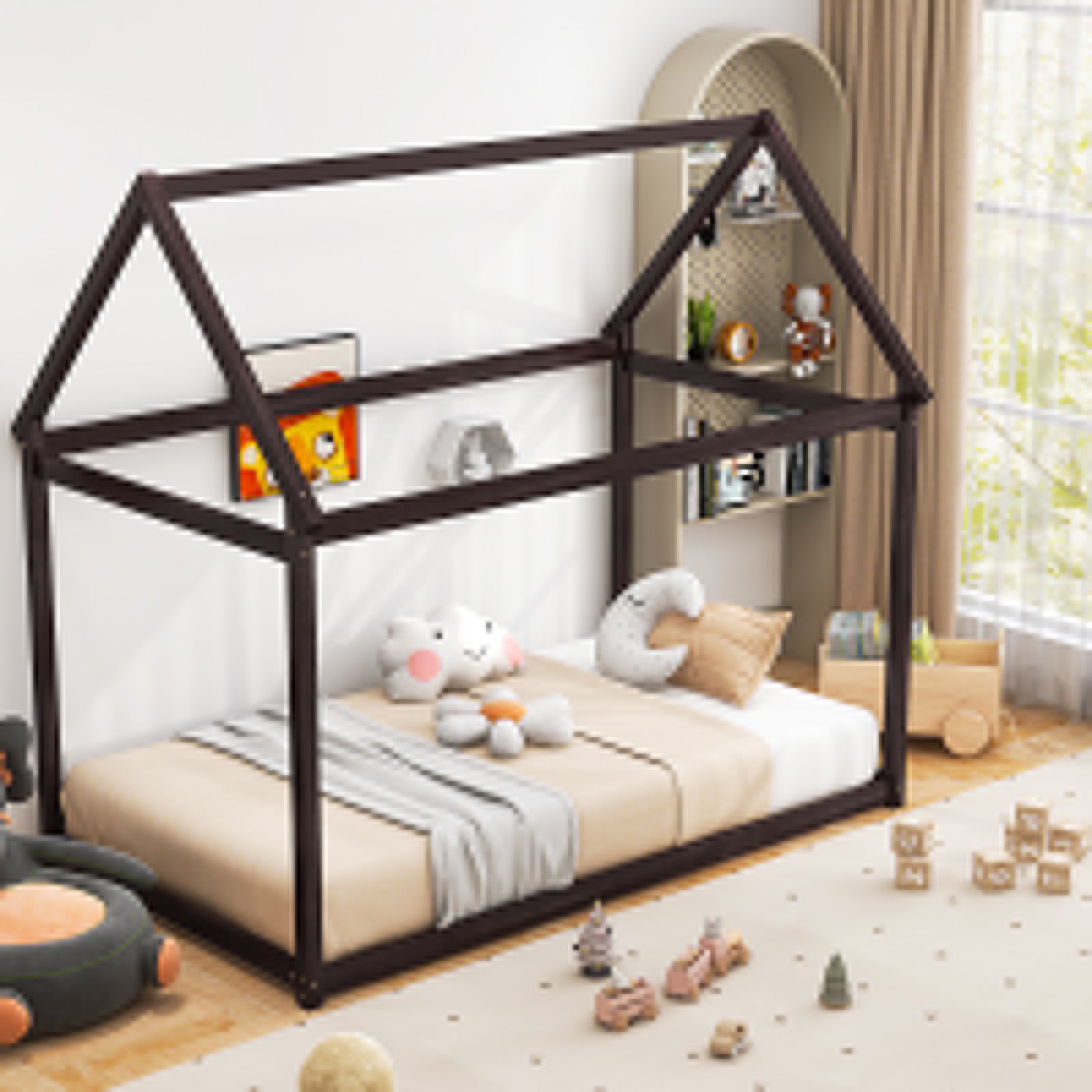 Stable Kids Platform Floor Bed with Roof and Heavy-Duty Slats, Espresso Simple Bed Frame   at Gallery Canada