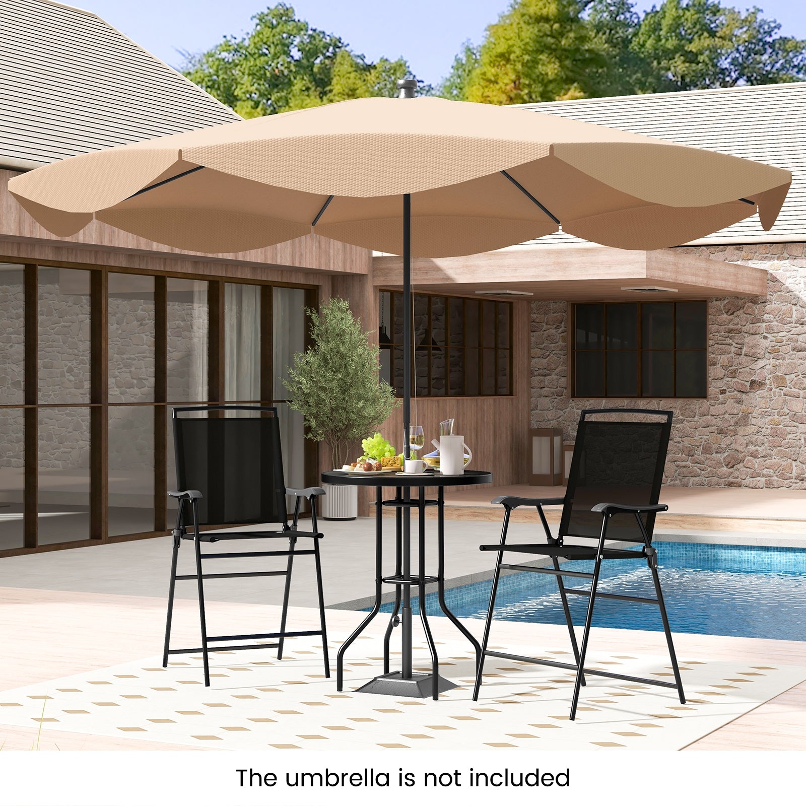 3 Pieces Outdoor Bar Stool Set with DPC Tabletop and Umbrella Hole for Poolside, Black Patio Conversation Sets   at Gallery Canada