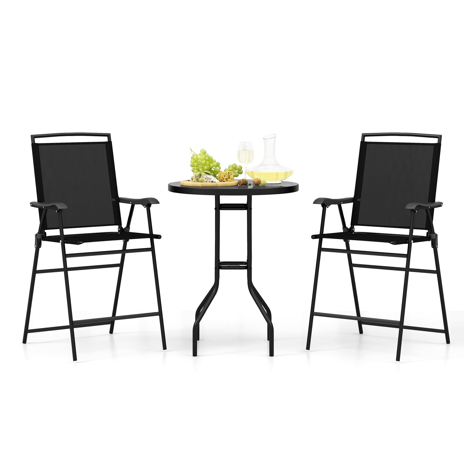 3 Pieces Outdoor Bar Stool Set with DPC Tabletop and Umbrella Hole for Poolside, Black Patio Conversation Sets Black  at Gallery Canada