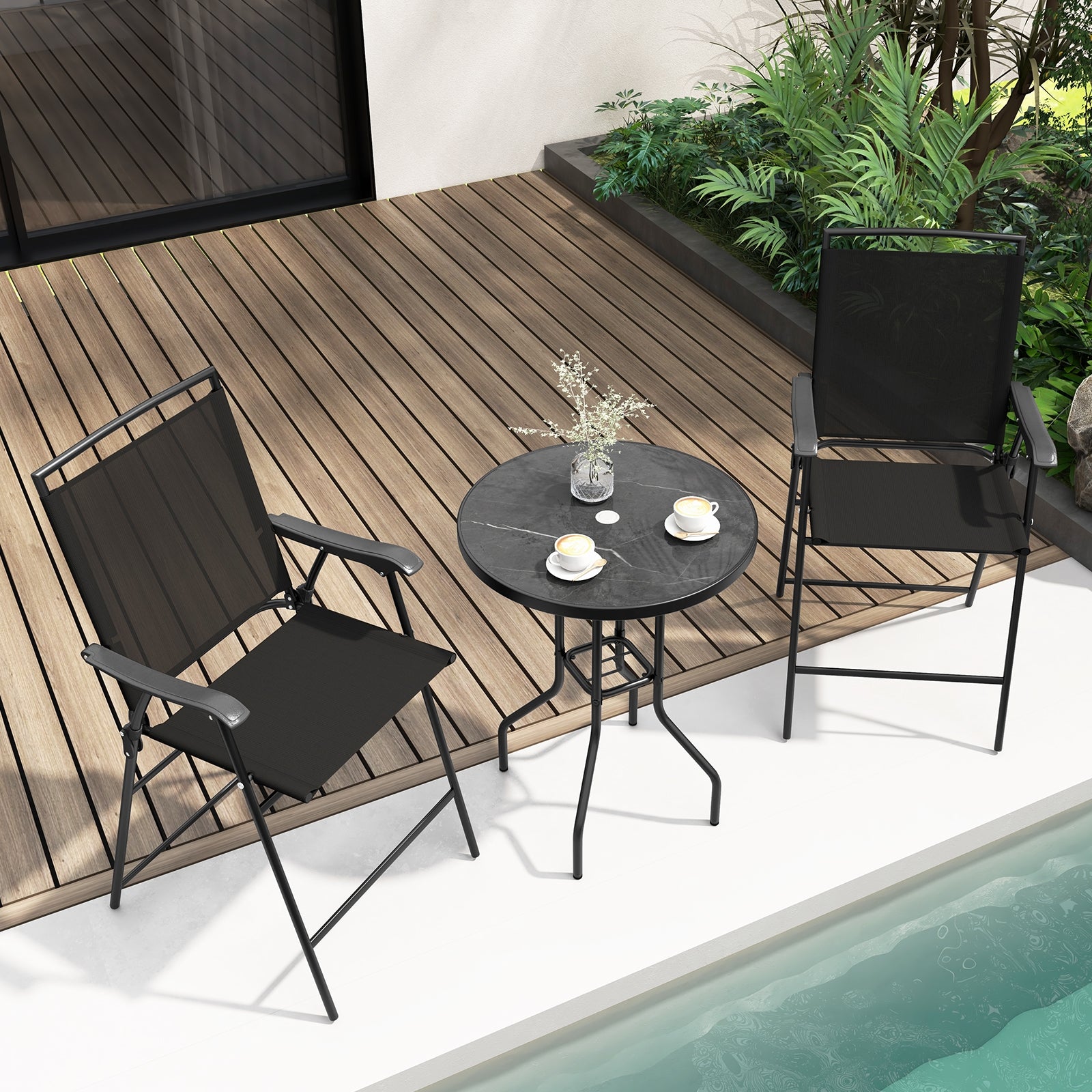 3 Pieces Outdoor Bar Stool Set with DPC Tabletop and Umbrella Hole for Poolside, Black Patio Conversation Sets   at Gallery Canada