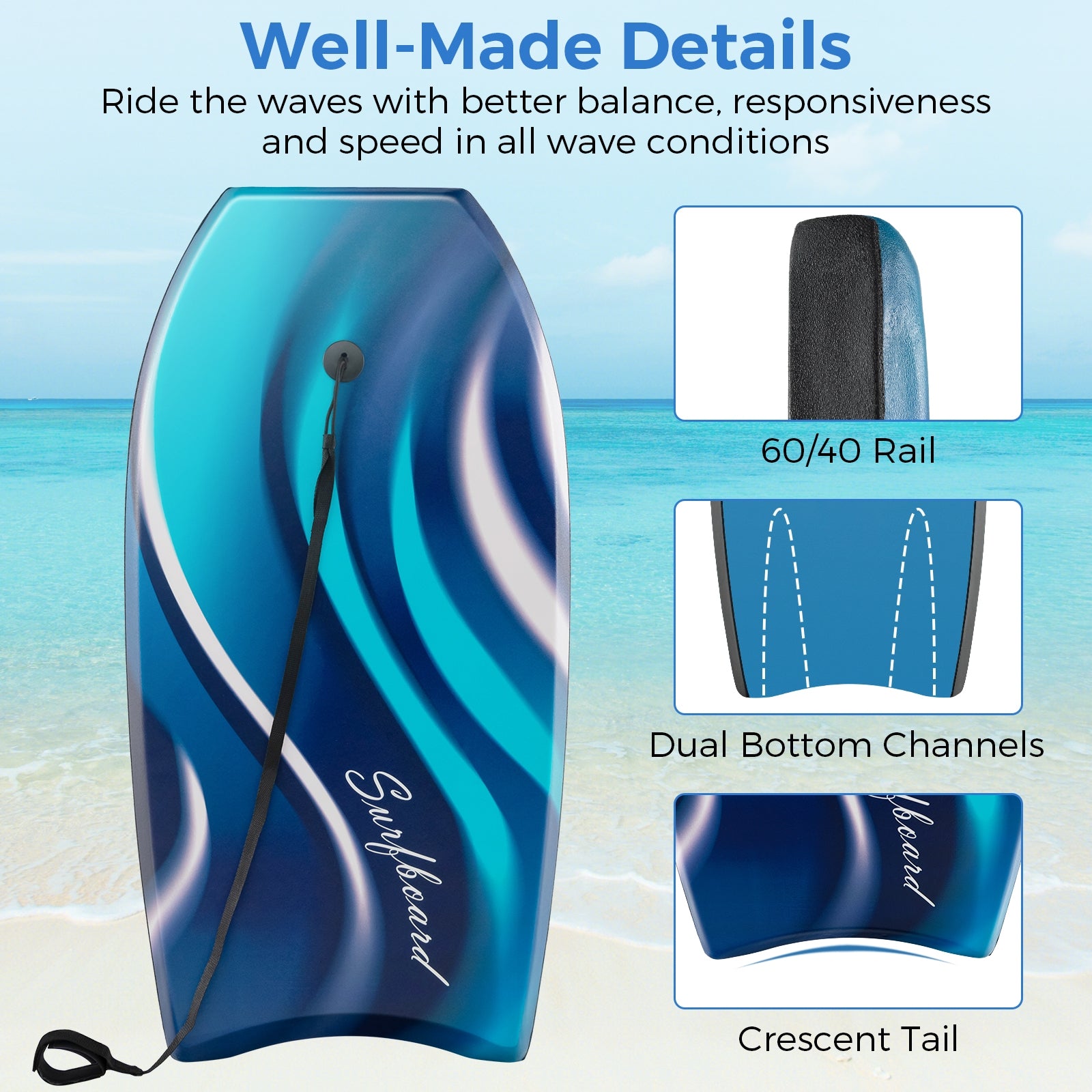 33/37/41 Inches Lightweight Body Board Boogie Board with EPS Core XPE Deck HDPE Bottom-S, Blue Surfing   at Gallery Canada