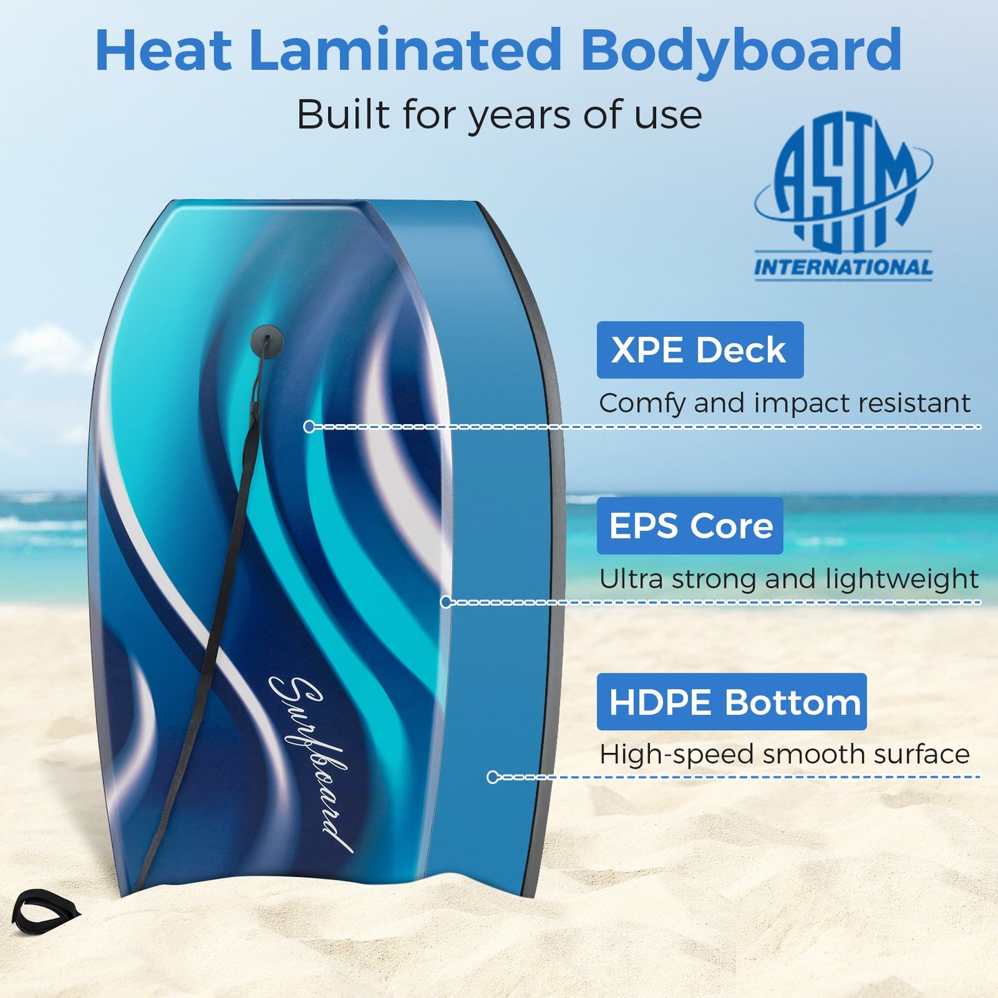 33/37/41 Inches Lightweight Body Board Boogie Board with EPS Core XPE Deck HDPE Bottom-S, Blue Surfing   at Gallery Canada