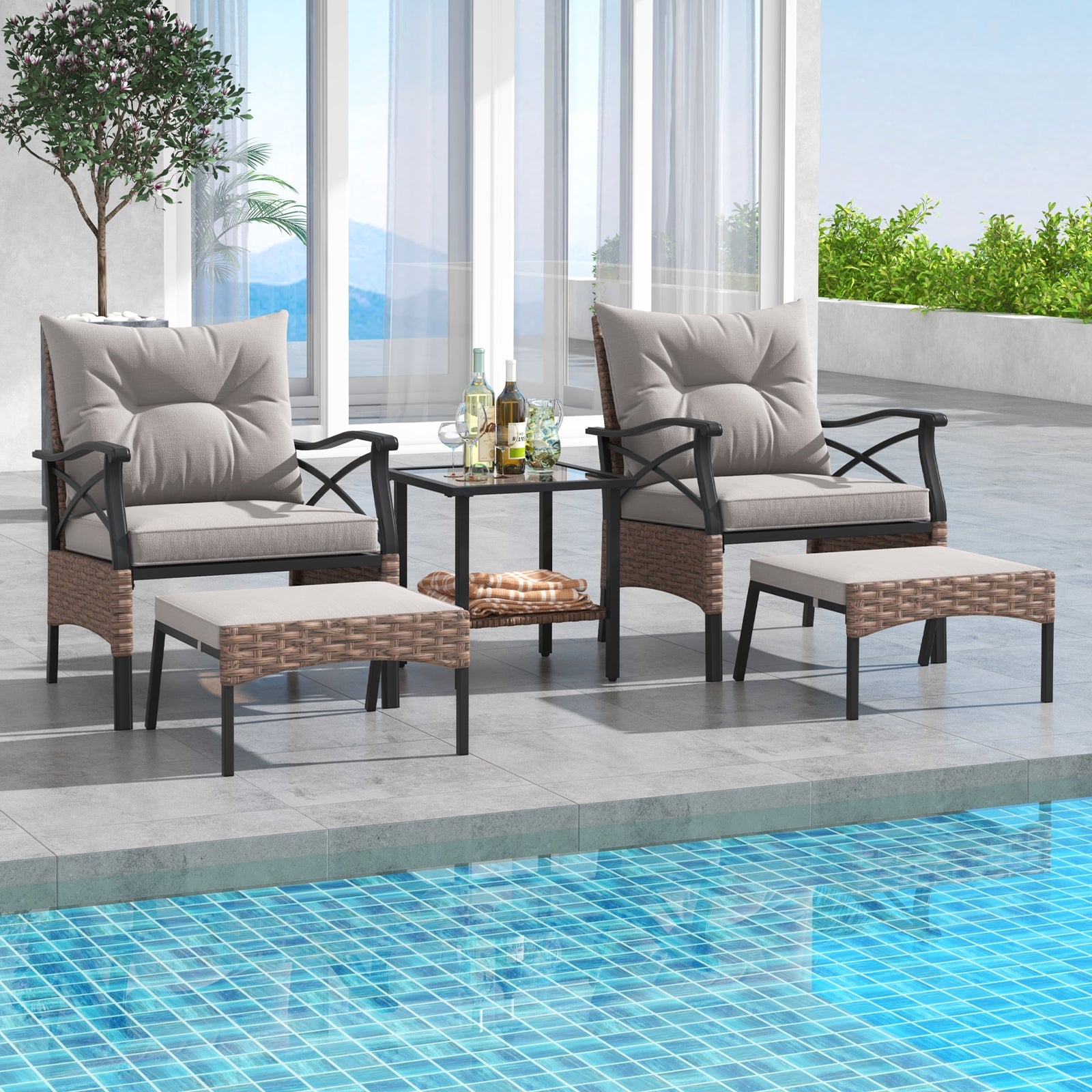 5 Pieces Wicker Patio Furniture Set Ottomans and Cushions and 2-Tier Tempered Glass Side Table, Brown Patio Conversation Sets   at Gallery Canada