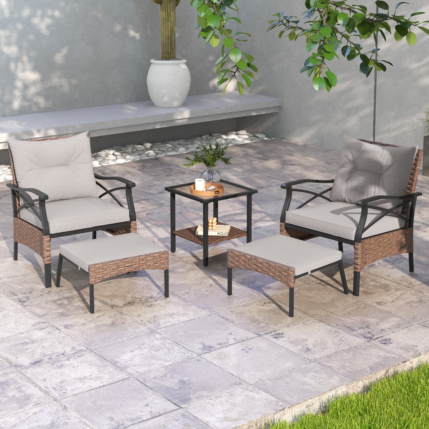 5 Pieces Wicker Patio Furniture Set Ottomans and Cushions and 2-Tier Tempered Glass Side Table, Brown Patio Conversation Sets   at Gallery Canada