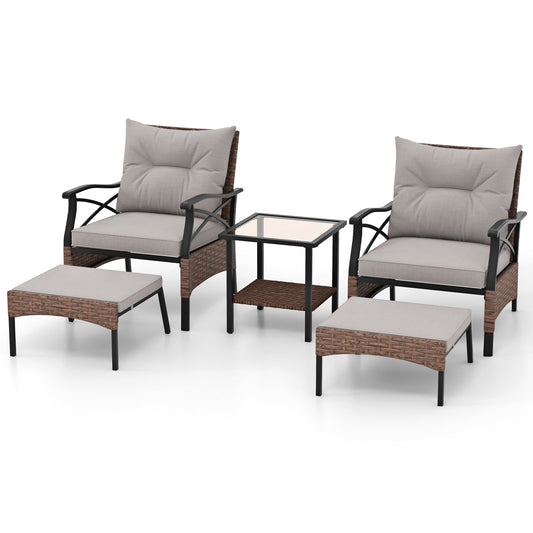 5 Pieces Wicker Patio Furniture Set Ottomans and Cushions and 2-Tier Tempered Glass Side Table, Brown Patio Conversation Sets Brown  at Gallery Canada
