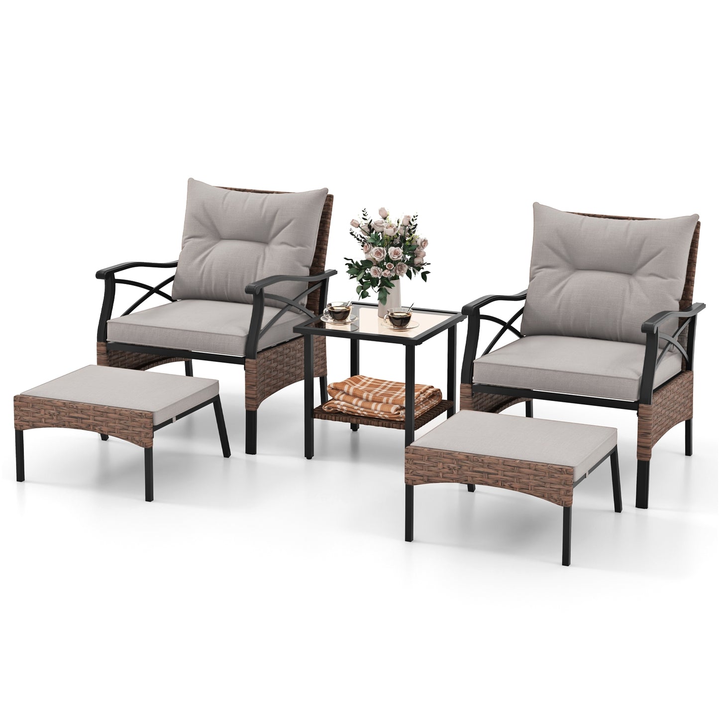 5 Pieces Wicker Patio Furniture Set Ottomans and Cushions and 2-Tier Tempered Glass Side Table, Brown Patio Conversation Sets   at Gallery Canada