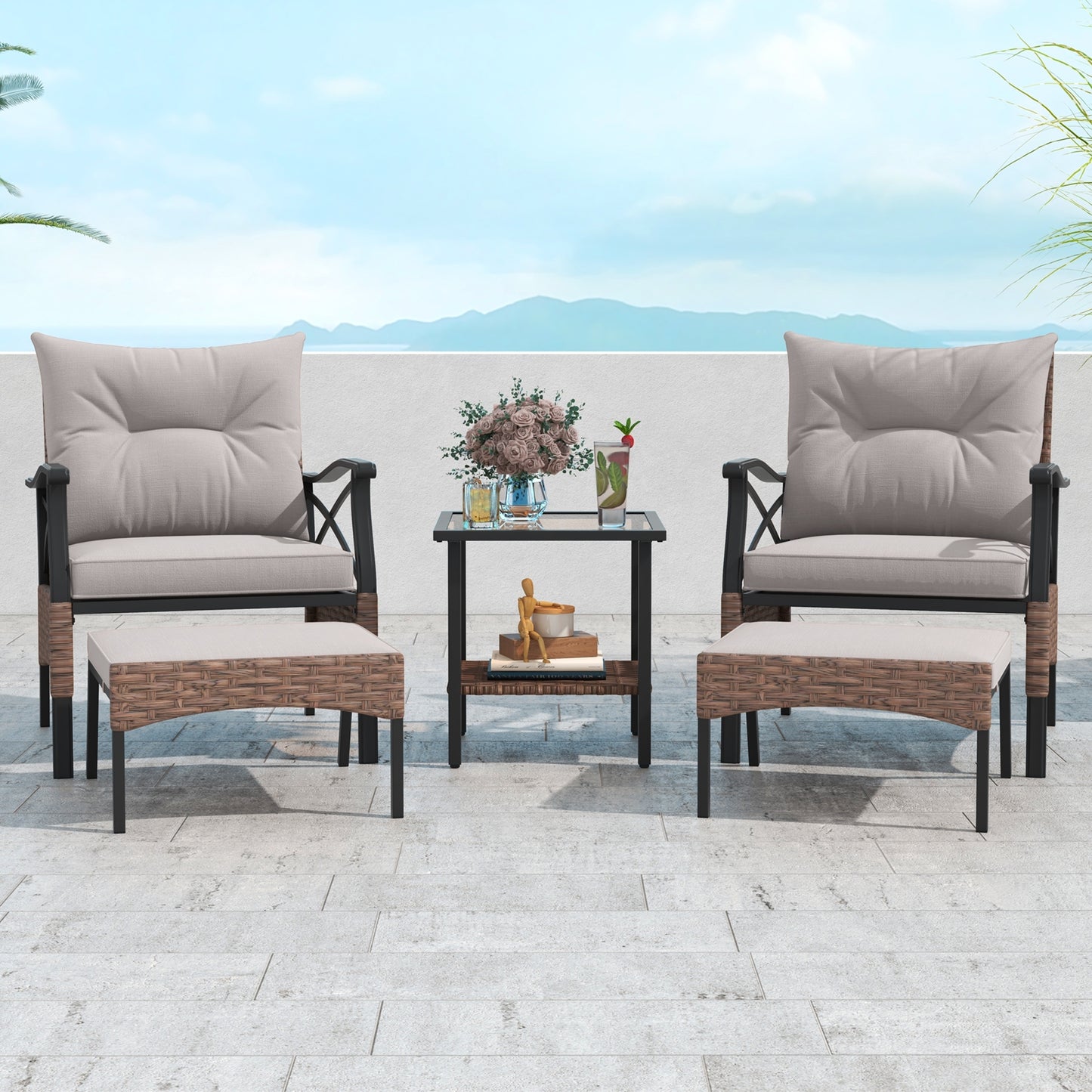 5 Pieces Wicker Patio Furniture Set Ottomans and Cushions and 2-Tier Tempered Glass Side Table, Brown Patio Conversation Sets   at Gallery Canada