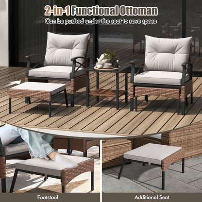 5 Pieces Wicker Patio Furniture Set Ottomans and Cushions and 2-Tier Tempered Glass Side Table, Brown Patio Conversation Sets   at Gallery Canada