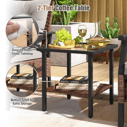 5 Pieces Wicker Patio Furniture Set Ottomans and Cushions and 2-Tier Tempered Glass Side Table, Brown Patio Conversation Sets   at Gallery Canada