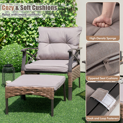 5 Pieces Wicker Patio Furniture Set Ottomans and Cushions and 2-Tier Tempered Glass Side Table, Brown Patio Conversation Sets   at Gallery Canada