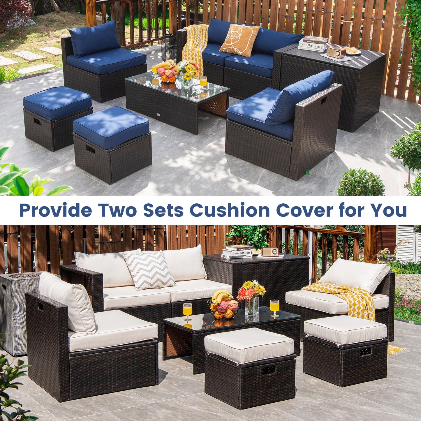 8-Piece Outdoor Wicker Furniture Set with Storage Box, Navy & White Outdoor Sectionals   at Gallery Canada