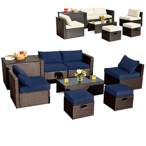 8-Piece Outdoor Wicker Furniture Set with Storage Box, Navy & White