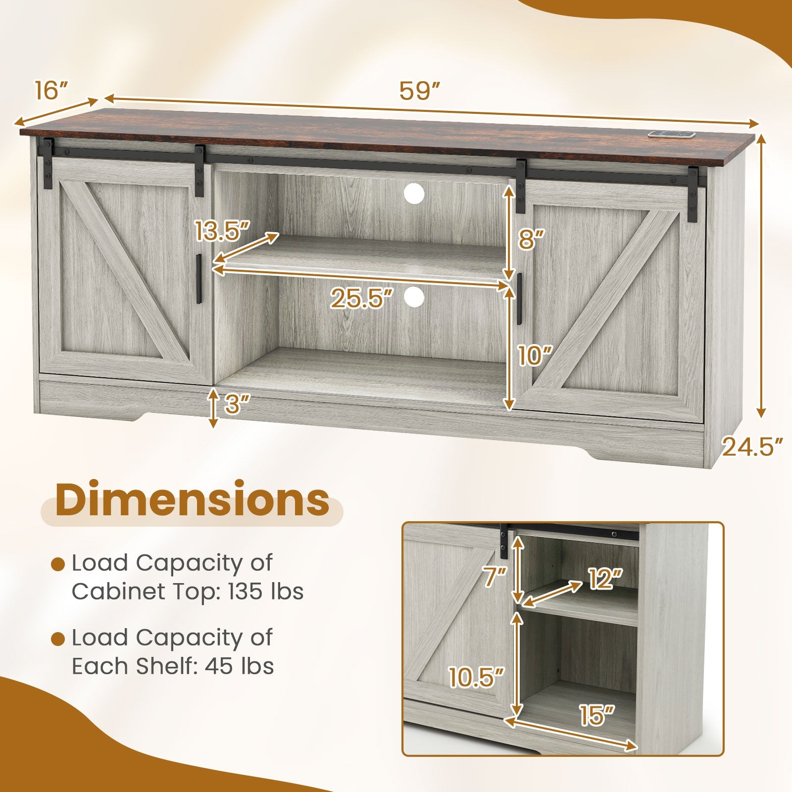 TV Stand for 65 Inch TVs Media Console Table for Living Room, Gray Entertainment Centers & TV Stands   at Gallery Canada