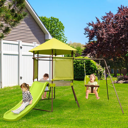 4-in-1 Swing Set with Covered Playhouse Fort and Height Adjustable Baby Seat, Green Swing & Playsets   at Gallery Canada