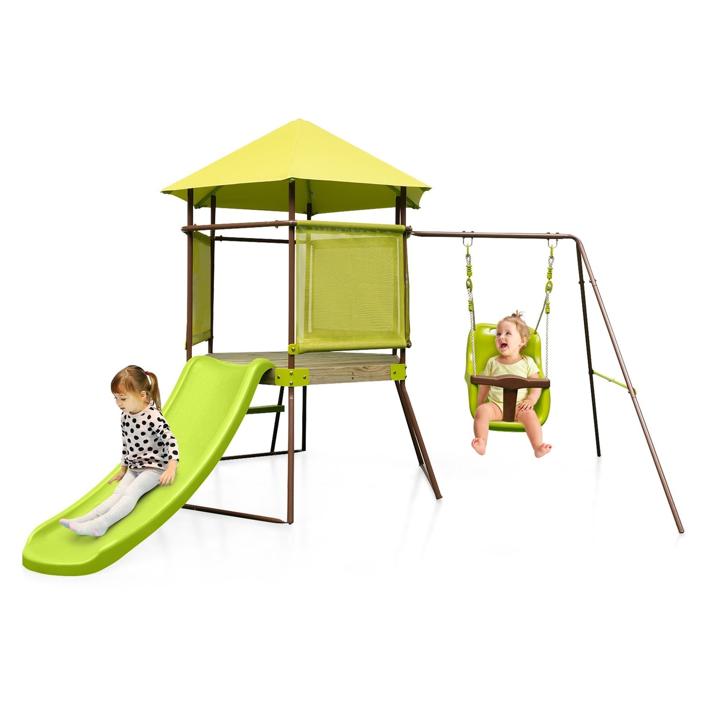 4-in-1 Swing Set with Covered Playhouse Fort and Height Adjustable Baby Seat, Green Swing & Playsets   at Gallery Canada