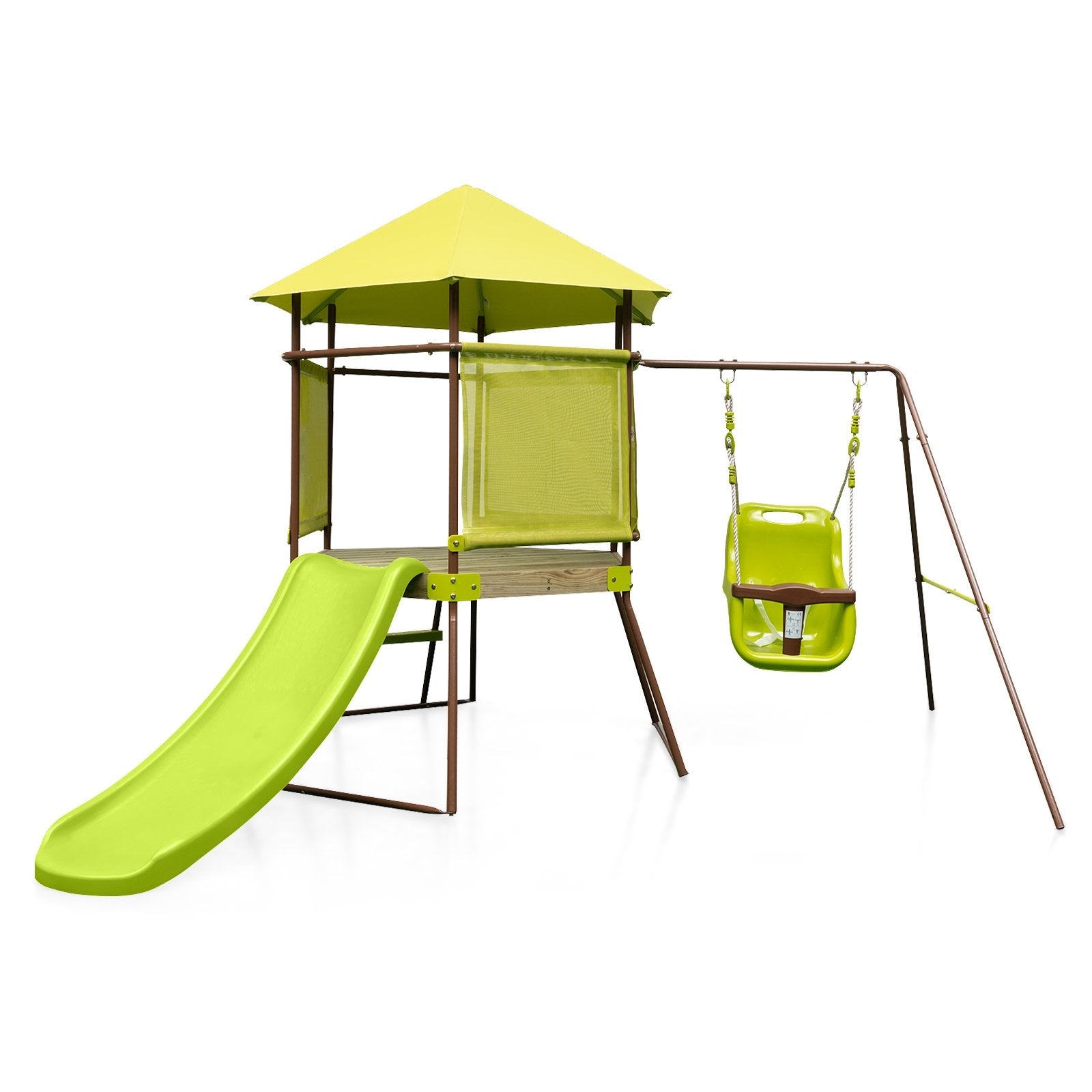 4-in-1 Swing Set with Covered Playhouse Fort and Height Adjustable Baby Seat, Green Swing & Playsets   at Gallery Canada