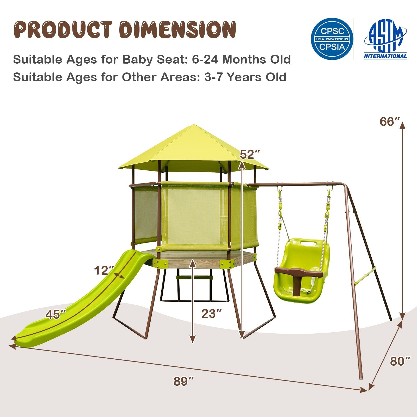 4-in-1 Swing Set with Covered Playhouse Fort and Height Adjustable Baby Seat, Green Swing & Playsets   at Gallery Canada