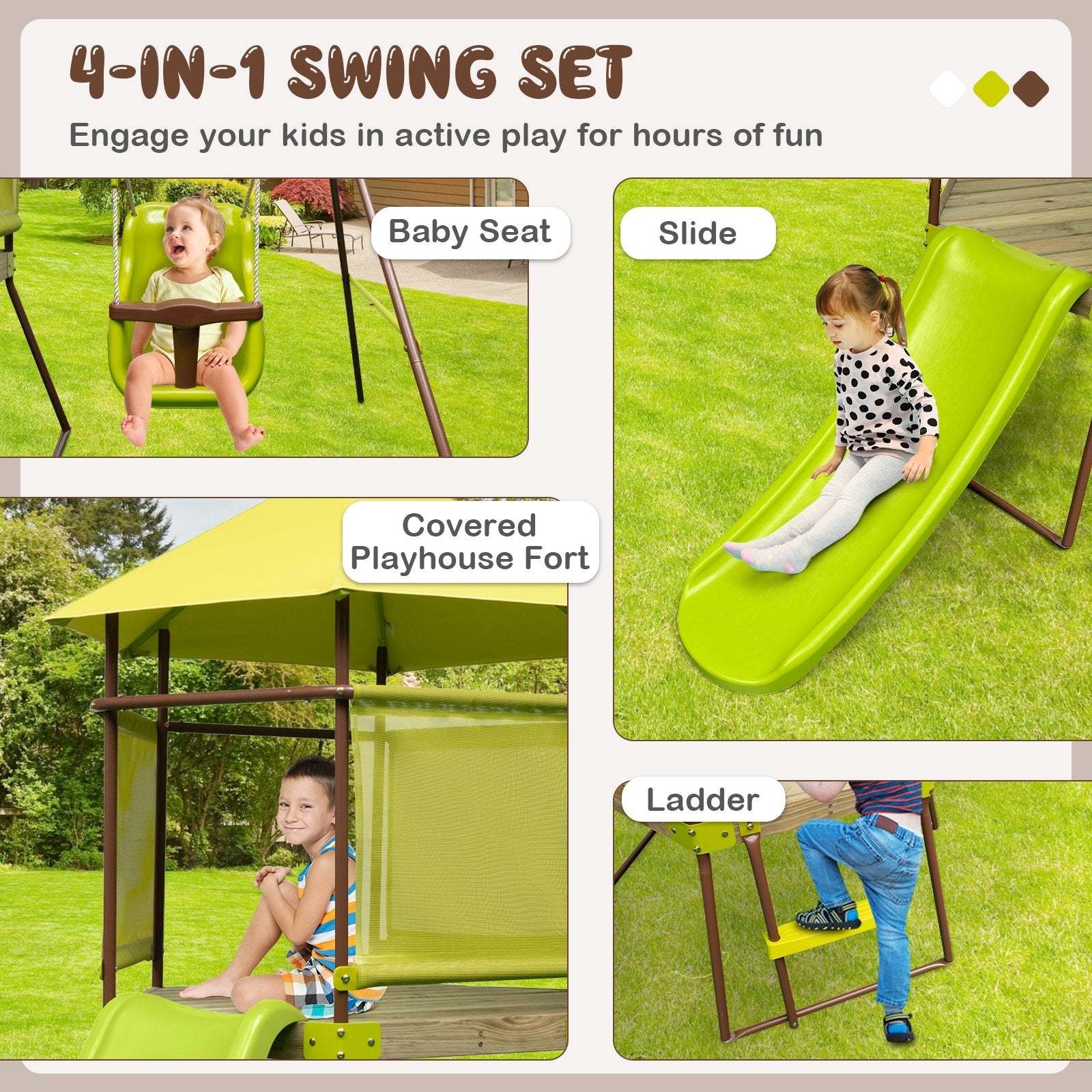 4-in-1 Swing Set with Covered Playhouse Fort and Height Adjustable Baby Seat, Green Swing & Playsets   at Gallery Canada