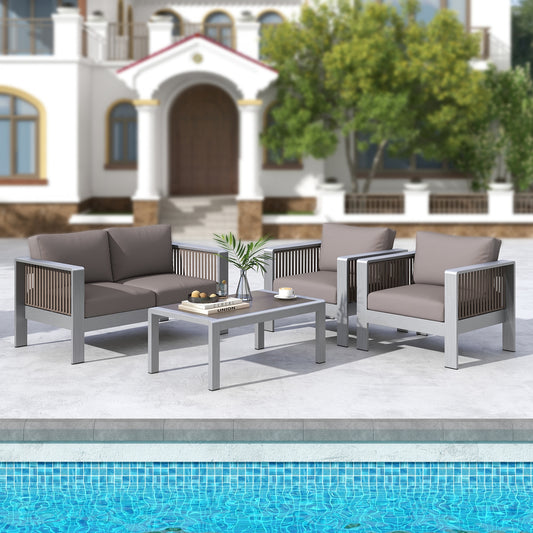 Outdoor Rectangle Coffee Table with Tempered Glass Tabletop for Backyard Poolside, Gray - Gallery Canada