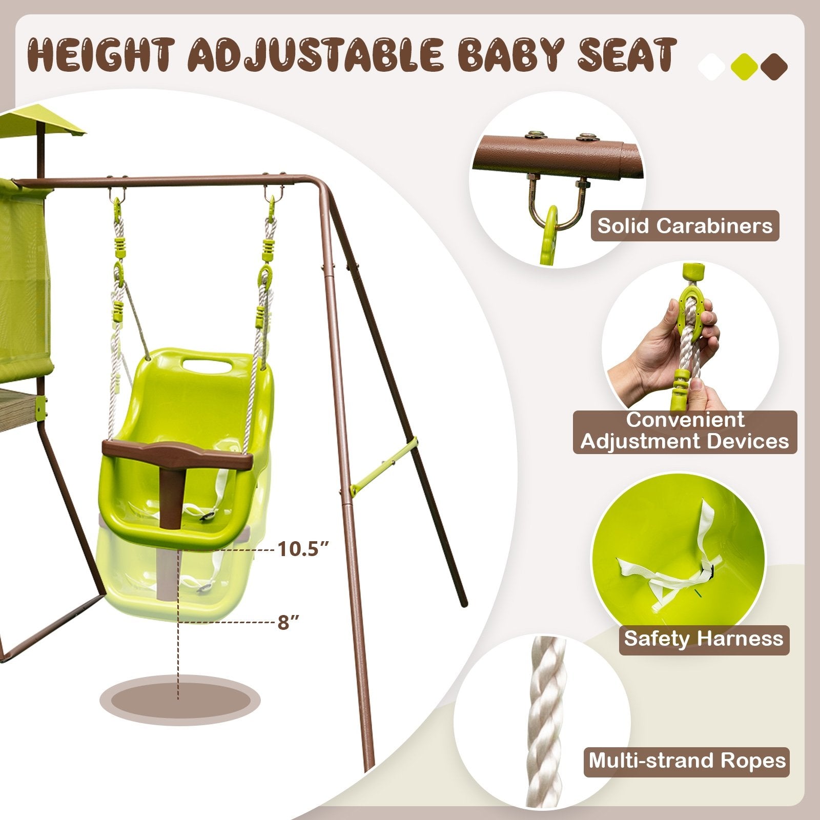 4-in-1 Swing Set with Covered Playhouse Fort and Height Adjustable Baby Seat, Green Swing & Playsets   at Gallery Canada