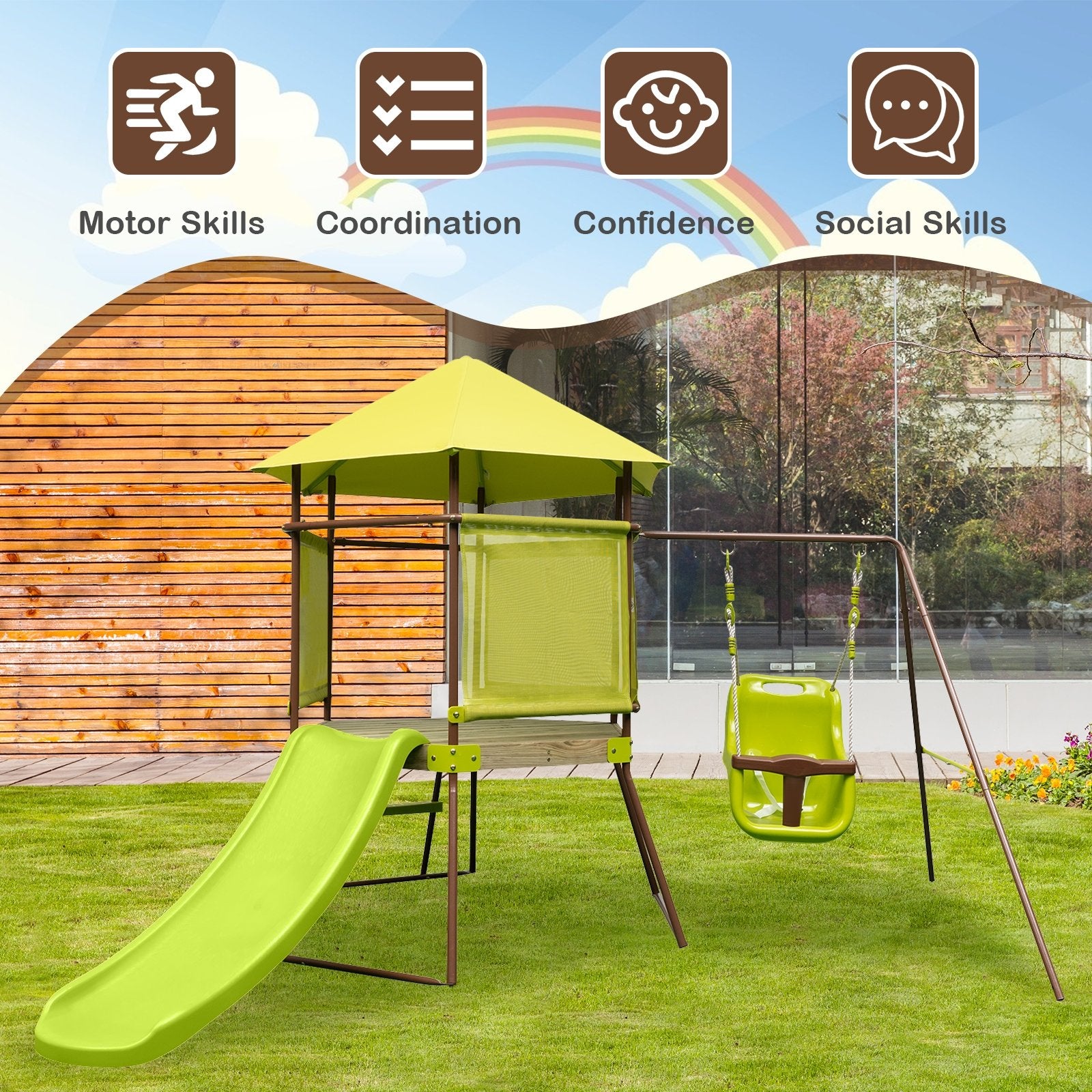 4-in-1 Swing Set with Covered Playhouse Fort and Height Adjustable Baby Seat, Green Swing & Playsets   at Gallery Canada