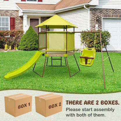 4-in-1 Swing Set with Covered Playhouse Fort and Height Adjustable Baby Seat, Green Swing & Playsets   at Gallery Canada