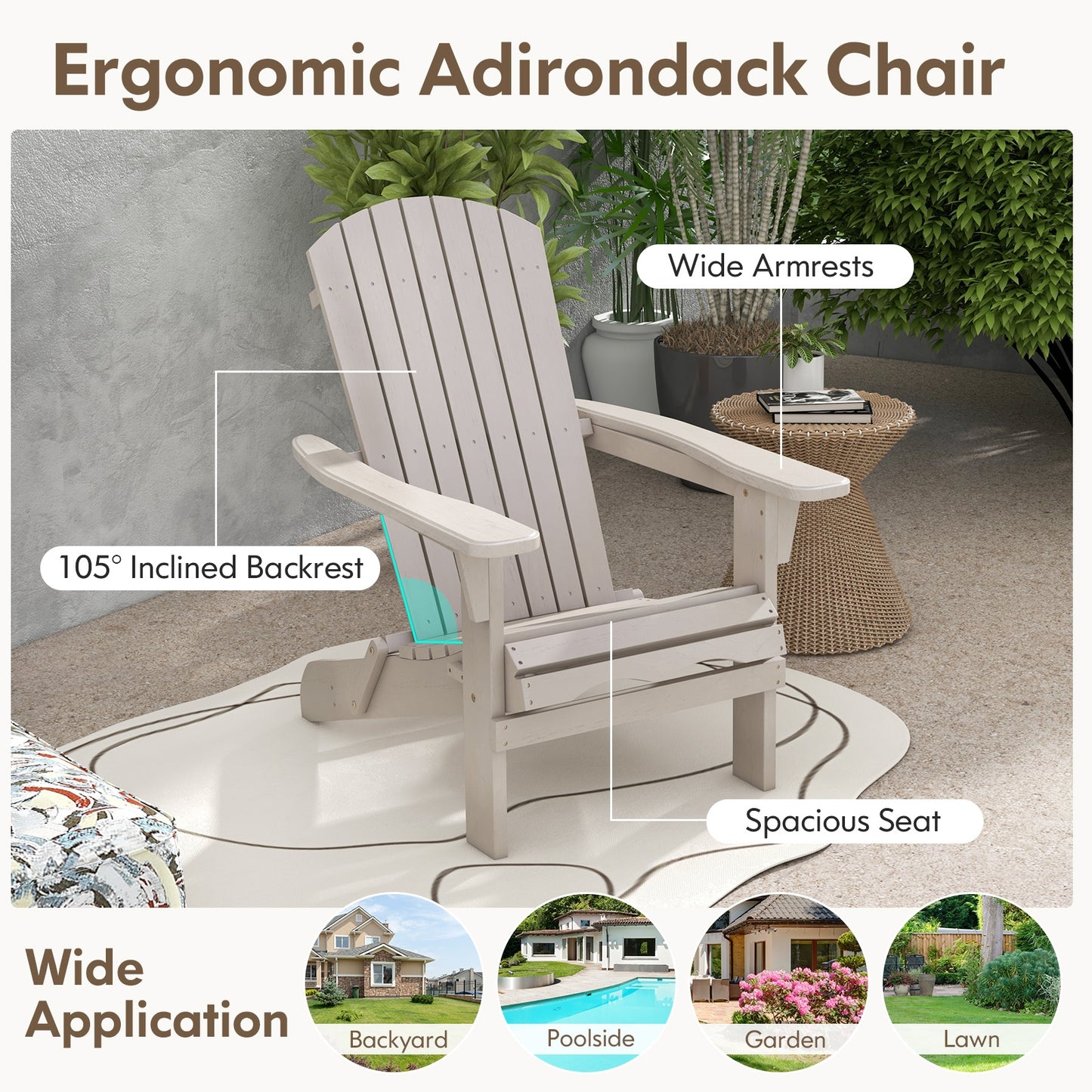 Folding Adirondack Chair Set of 2 with High Backrest and Wide Armrests, Gray Adirondack Chairs   at Gallery Canada