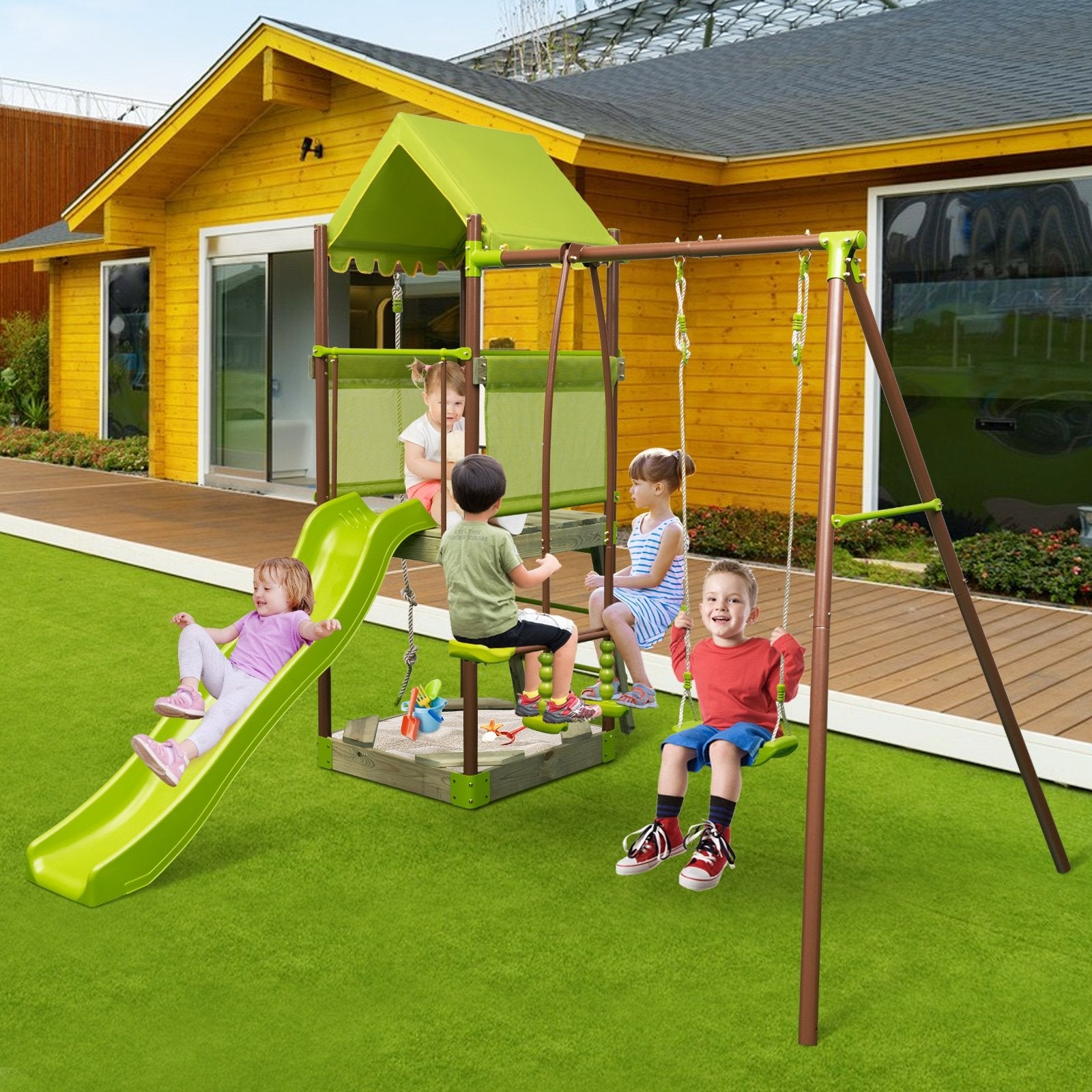 7-in-1 Kids Outdoor Metal Playset with Wave Slide and Climbing Rope, Green Swing & Playsets   at Gallery Canada